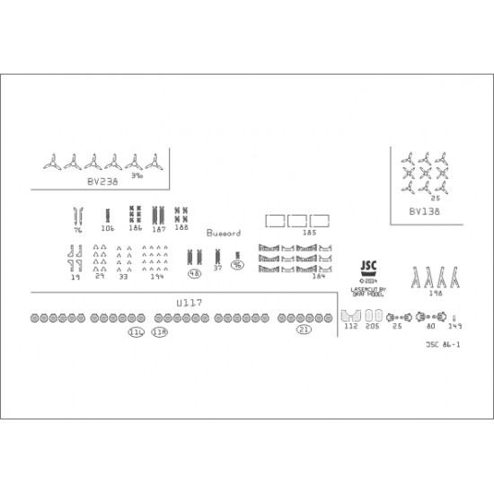 Detale laserowe do modeli BUSSARD / FALKE, U117, BV 138, BV 238 (JSC 086L) Detale laserowe do modeli BUSSARD / FALKE, U117, BV 138, BV 238 (JSC 086L)